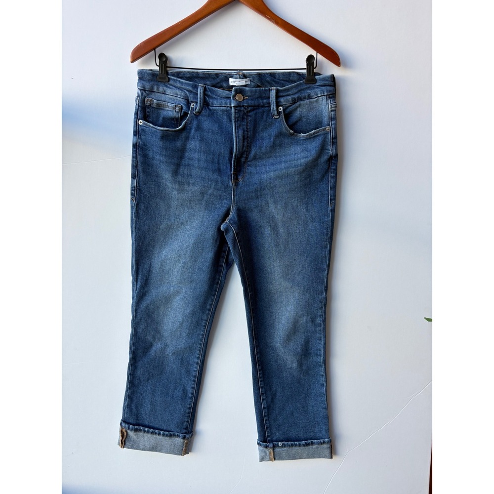 Good American High Rise Cropped Skinny Jeans Medium Blue Cuffed Denim Capris